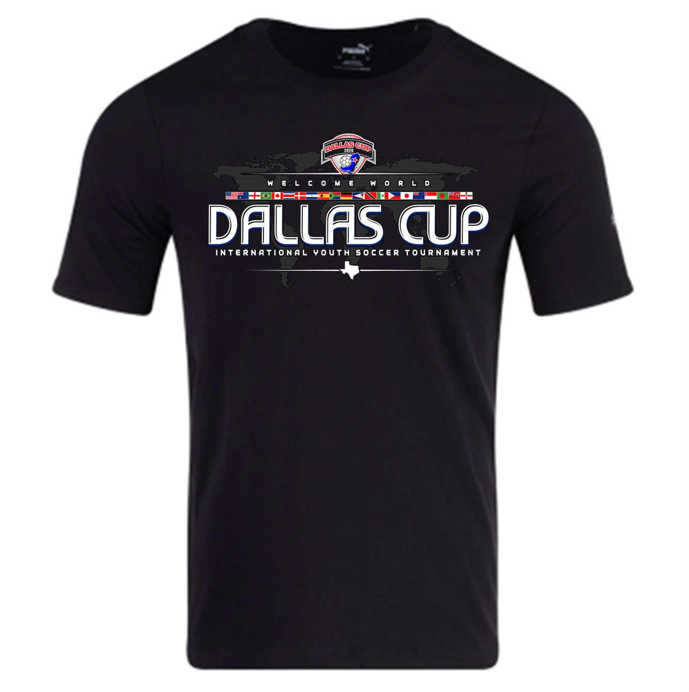 A black t-shirt featuring a centered graphic for the "Dallas Cup International Youth Soccer Tournament." The design includes the event name in large stylized letters, a row of international flags, a faded world map, and a small silhouette of Texas at the bottom.