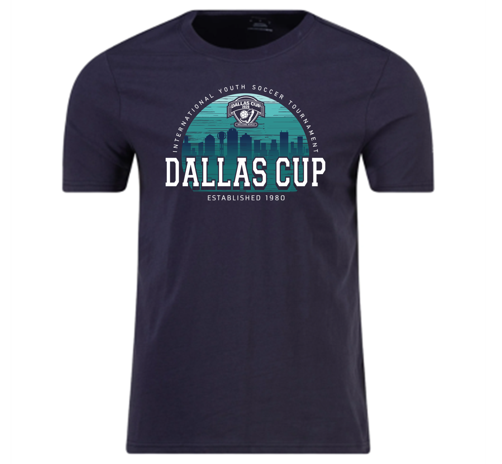 A navy blue t-shirt with a circular graphic on the chest featuring a teal Dallas skyline and the words "DALLAS CUP" in large, white, bold letters. Text arched over the top of the graphic reads "INTERNATIONAL YOUTH SOCCER TOURNAMENT," and text below reads "ESTABLISHED 1980."