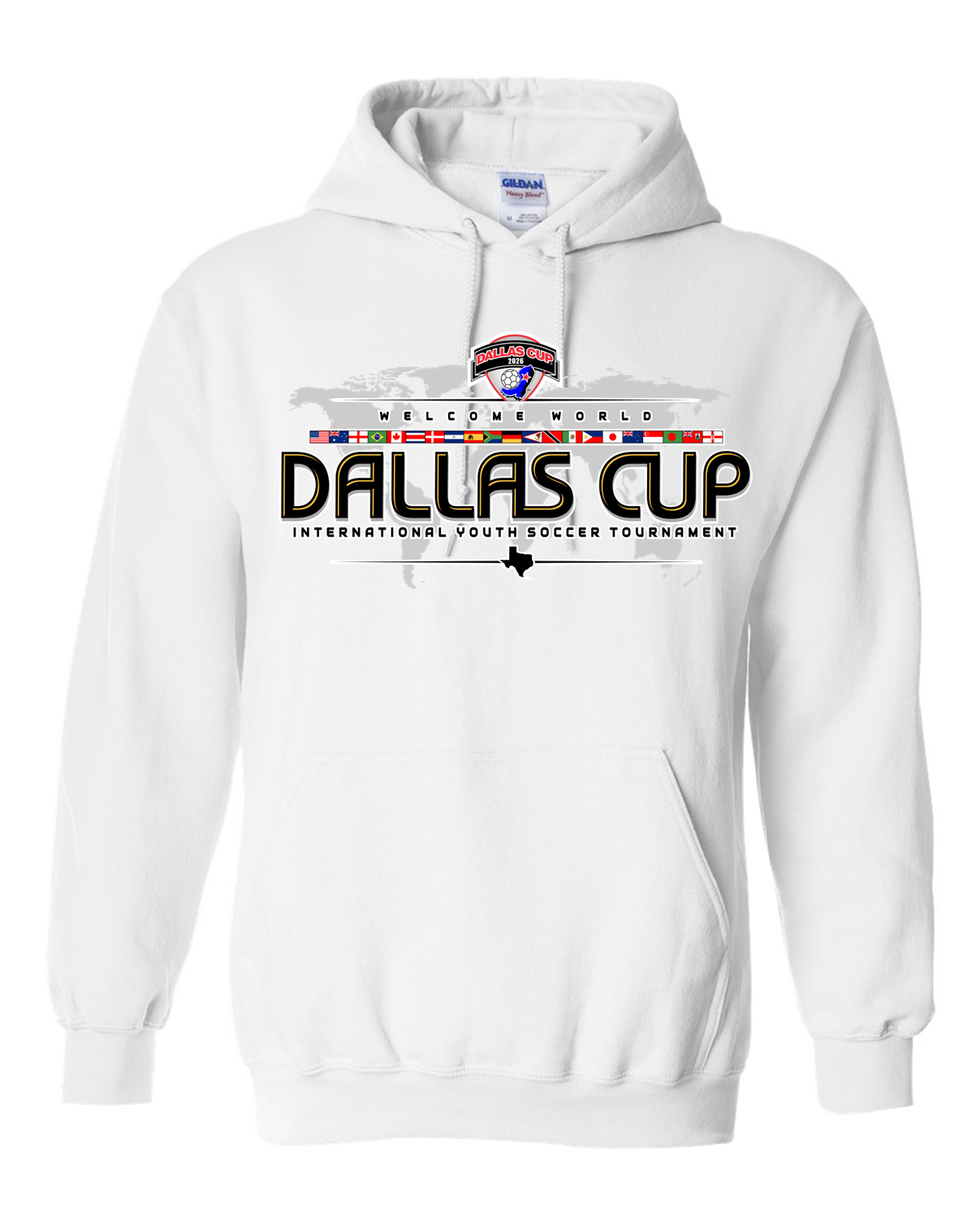 A white pullover hoodie with a kangaroo pocket and hood drawstrings. The chest features a graphic design for the "Dallas Cup 2026 International Youth Soccer Tournament." The design includes the tournament name in large black letters with a gold outline, a row of various international flags, and a faint grey map of the world in the background. A small black silhouette of Texas is centered at the bottom of the graphic.