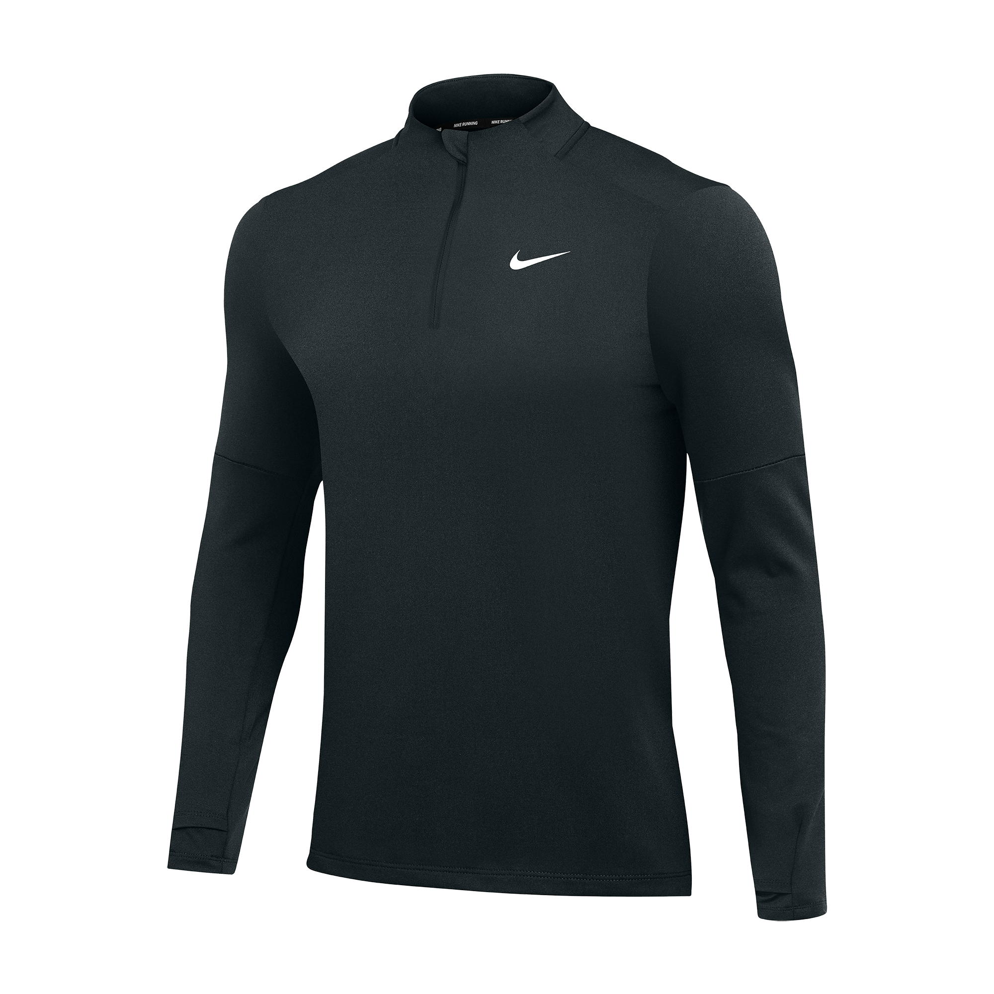 Black Nike half-zip long-sleeve athletic shirt featuring a white swoosh logo on the left chest and thumbholes at the cuffs.