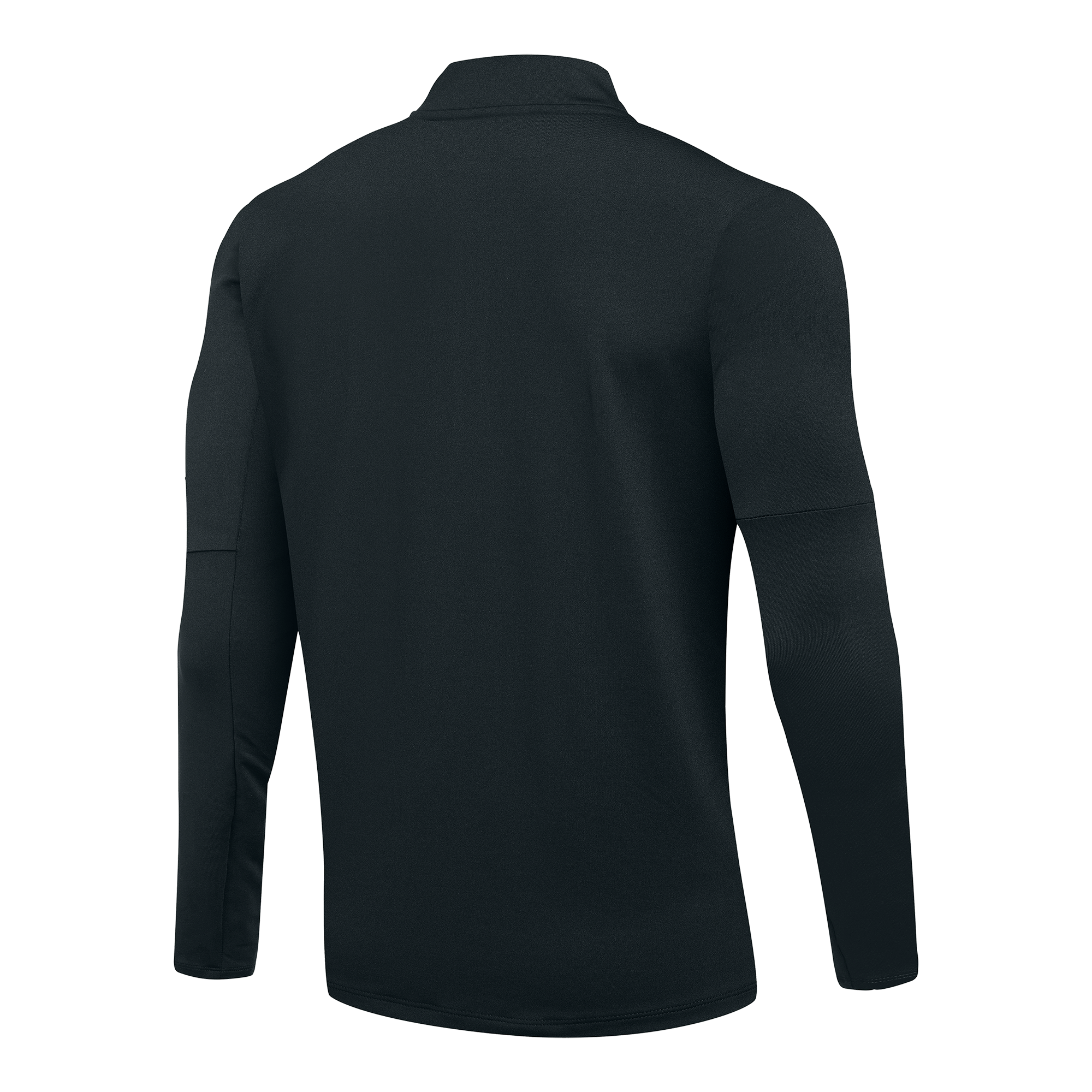 Back view of a black long-sleeve athletic top featuring a mock neck and horizontal seams on the sleeves.