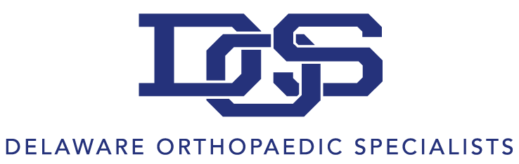 Logo for Delaware Orthopaedic Specialists featuring stylized, interlocking letters D, O, and S in navy blue above the full company name.