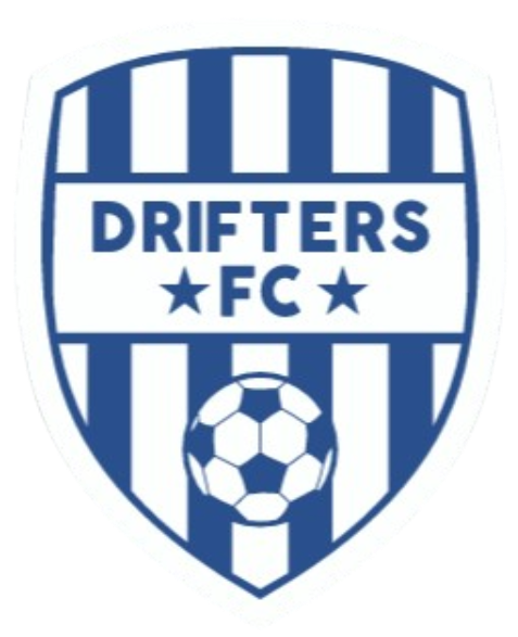 Shield-shaped logo for "DRIFTERS FC" featuring blue and white vertical stripes, two stars, and a soccer ball.