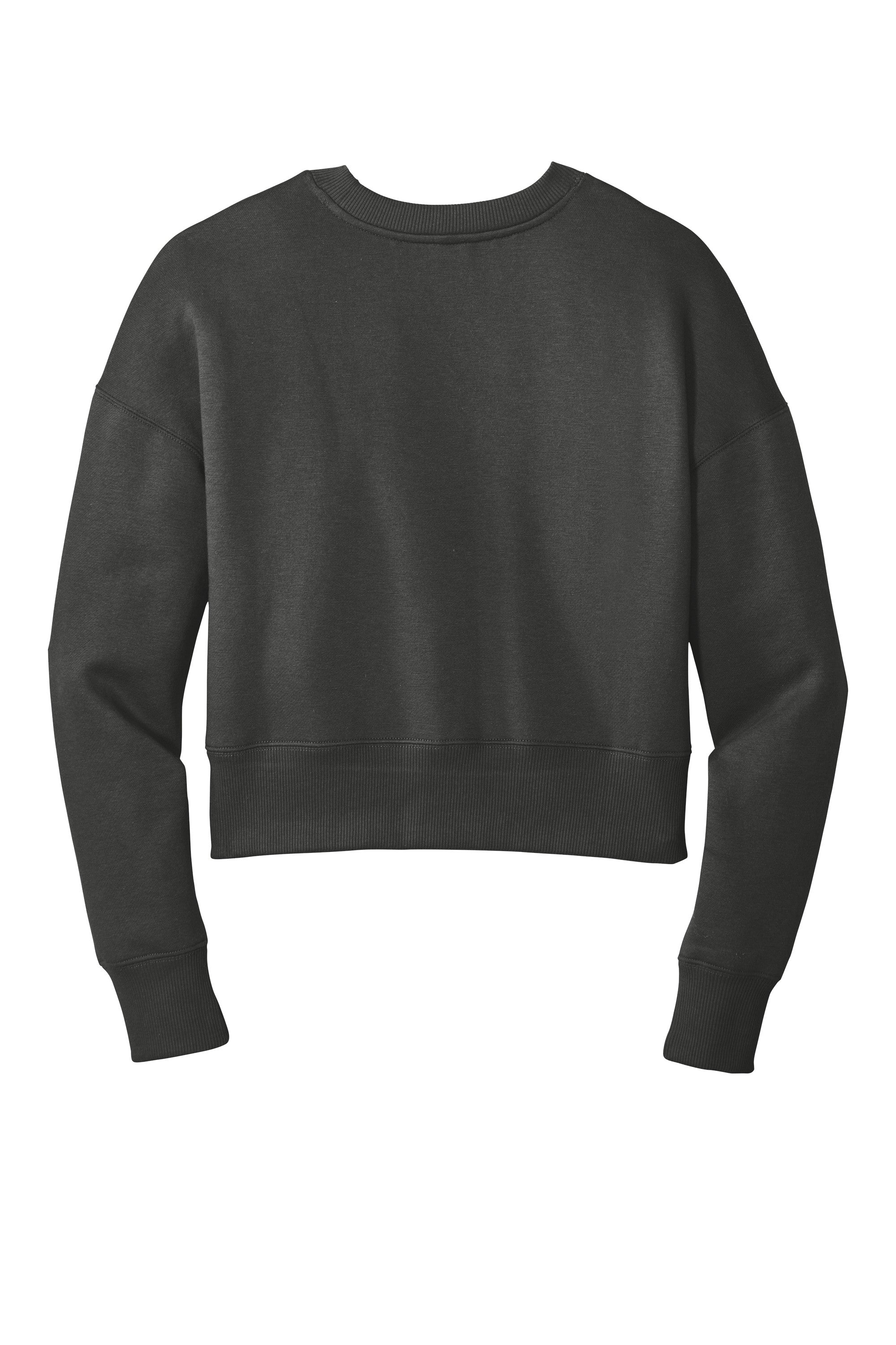 Black long-sleeve cropped crewneck sweatshirt with drop shoulders and ribbed detailing, displayed flat on a white background.