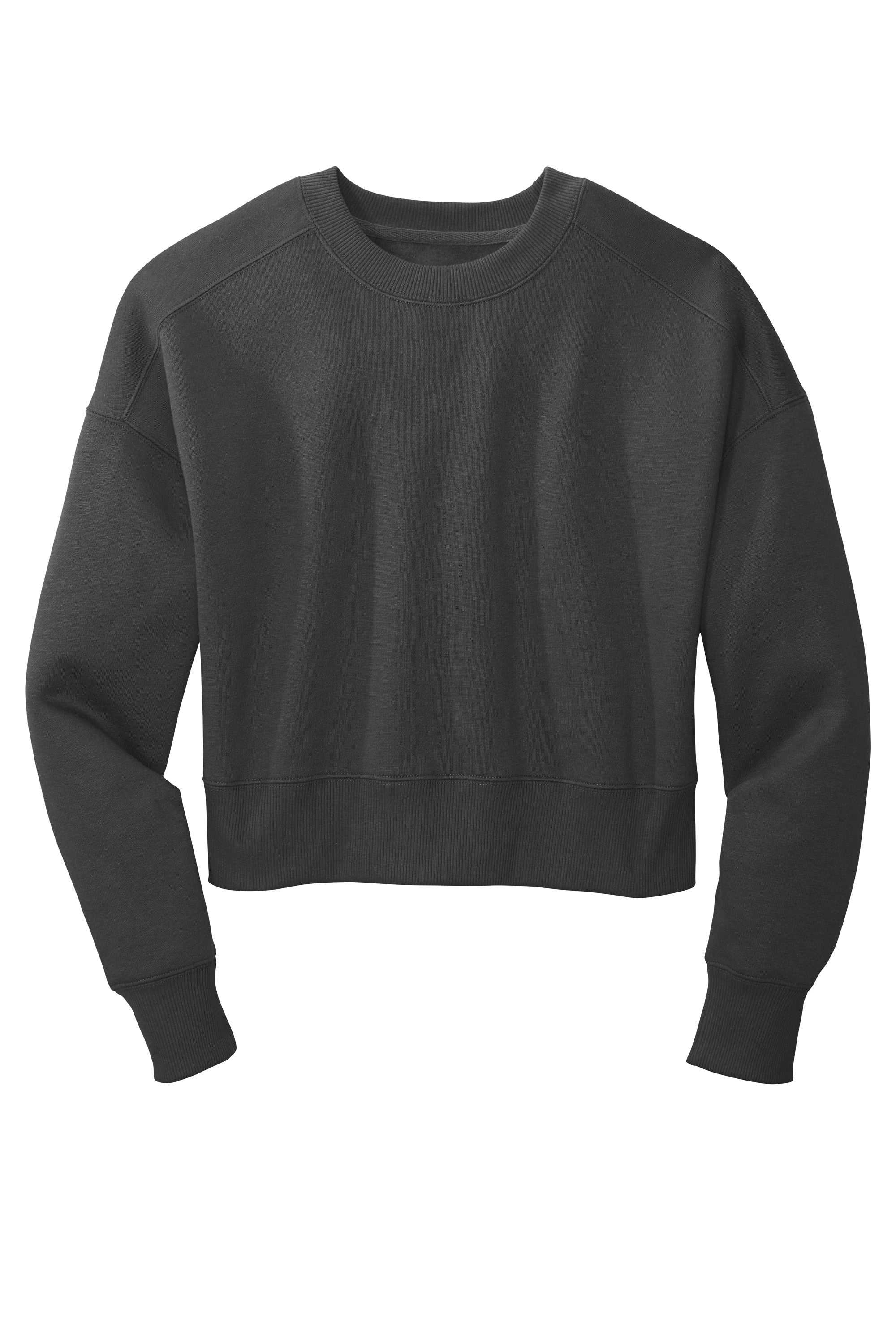 A dark grey cropped crewneck sweatshirt with long sleeves, ribbed cuffs, and a wide ribbed hem.