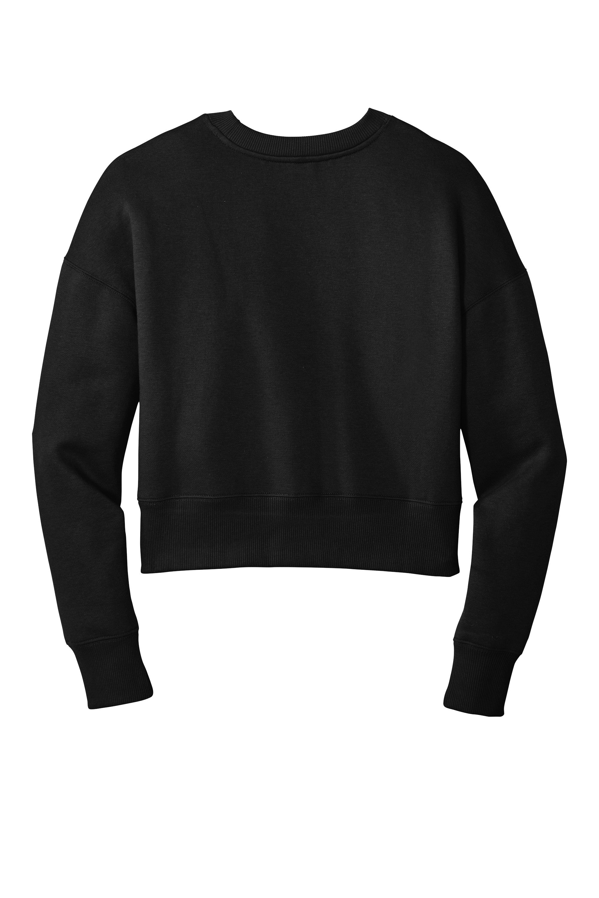 A plain black cropped crewneck sweatshirt with long sleeves, drop shoulders, and wide ribbed hem and cuffs.