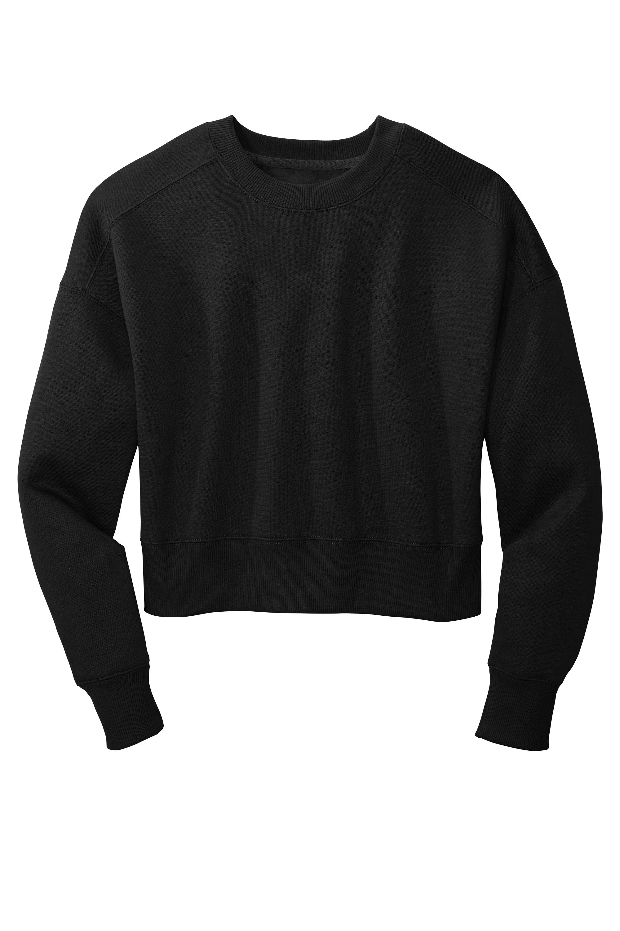 Plain black cropped crewneck sweatshirt with dropped shoulders and ribbed details at the neck, cuffs, and hem, shown against a white background.