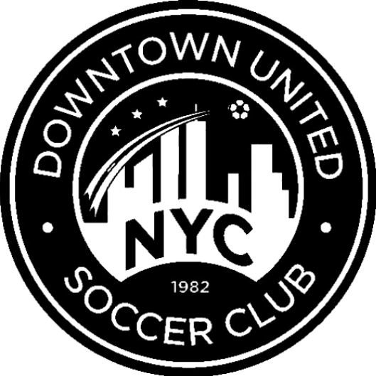 Circular black and white logo for Downtown United Soccer Club featuring an NYC skyline silhouette, stars, and the year 1982.