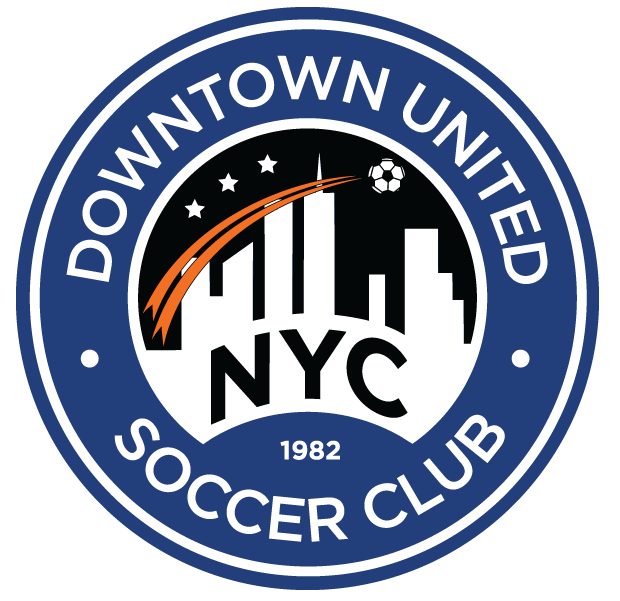 Downtown United Soccer Club circular logo. Features a blue outer ring, NYC skyline silhouette, soccer ball with orange trails, three stars, and "NYC 1982" at the center.