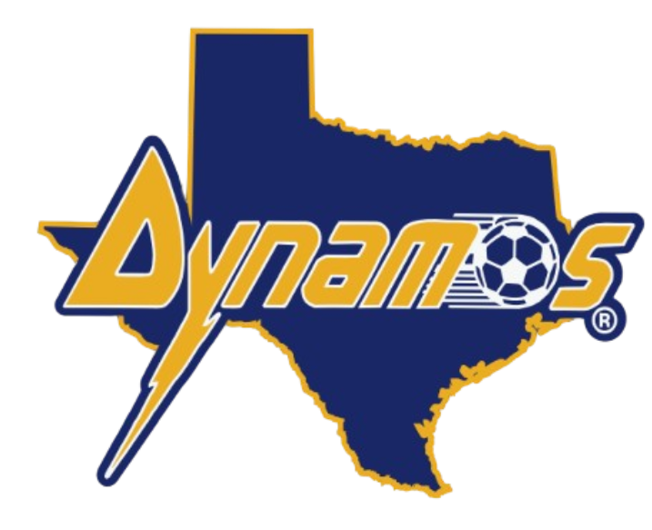 Logo for Dynamos soccer: gold text over a navy blue silhouette of Texas. The letter "y" is a lightning bolt, and the "o" is a soccer ball in motion.