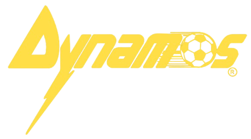 Yellow stylized logo for "Dynamos" in a slanted font. The 'y' features a lightning bolt tail, and a soccer ball with motion lines replaces the letter 'o'.