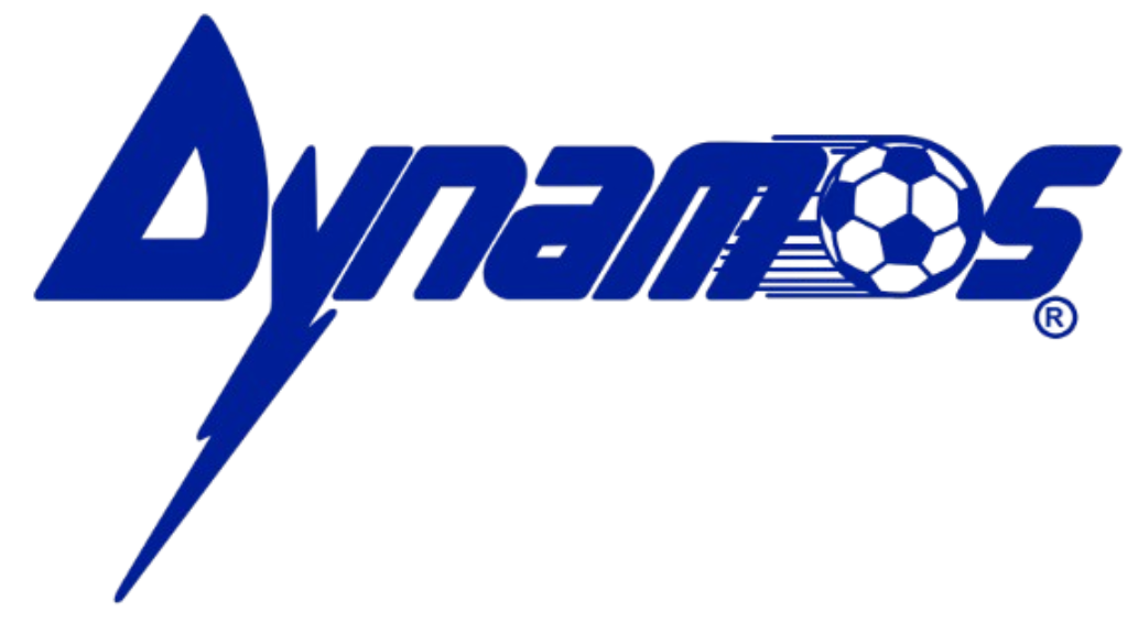 Blue "Dynamos" logo in a stylized, slanted font. The letter "o" is a soccer ball with motion lines, and the first "D" is oversized and sharp.