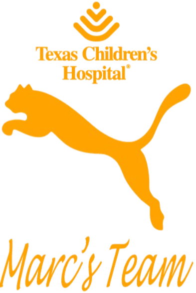 An orange graphic on a black background featuring the Texas Children's Hospital icon and name, a large leaping puma silhouette, and the cursive text "Marc's Team" at the bottom.