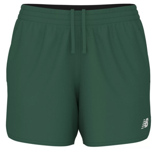 Dark green New Balance athletic shorts with an elastic drawstring waistband and a white logo on the lower left leg.