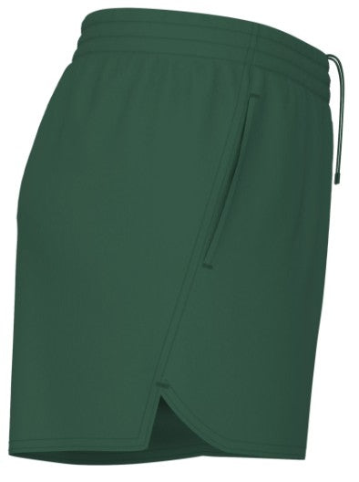 Side profile of dark green athletic shorts featuring an elastic waistband and side vents.