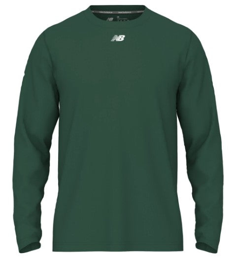 A dark green long-sleeve crew neck T-shirt with a small white New Balance logo centered on the upper chest.