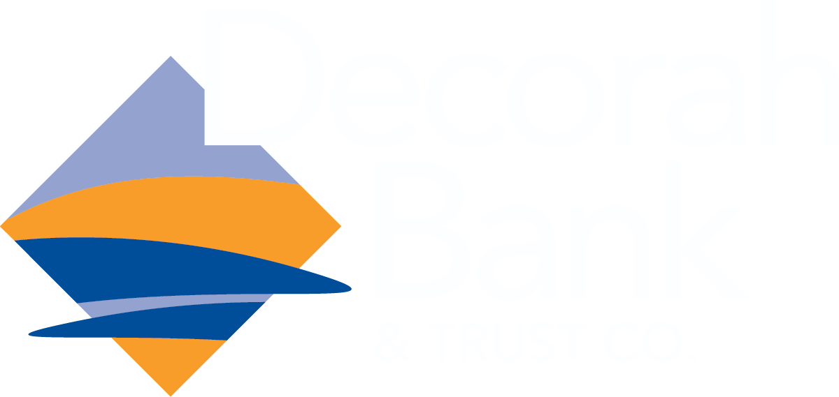 Logo for Decorah Bank & Trust Co. featuring a diamond-shaped icon with wavy horizontal layers of light blue, orange, and dark blue.
