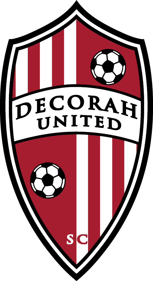 A shield-shaped crest for Decorah United SC with maroon and white vertical stripes and two soccer balls. A central white banner contains the text "DECORAH UNITED," and the letters "SC" appear at the bottom tip.