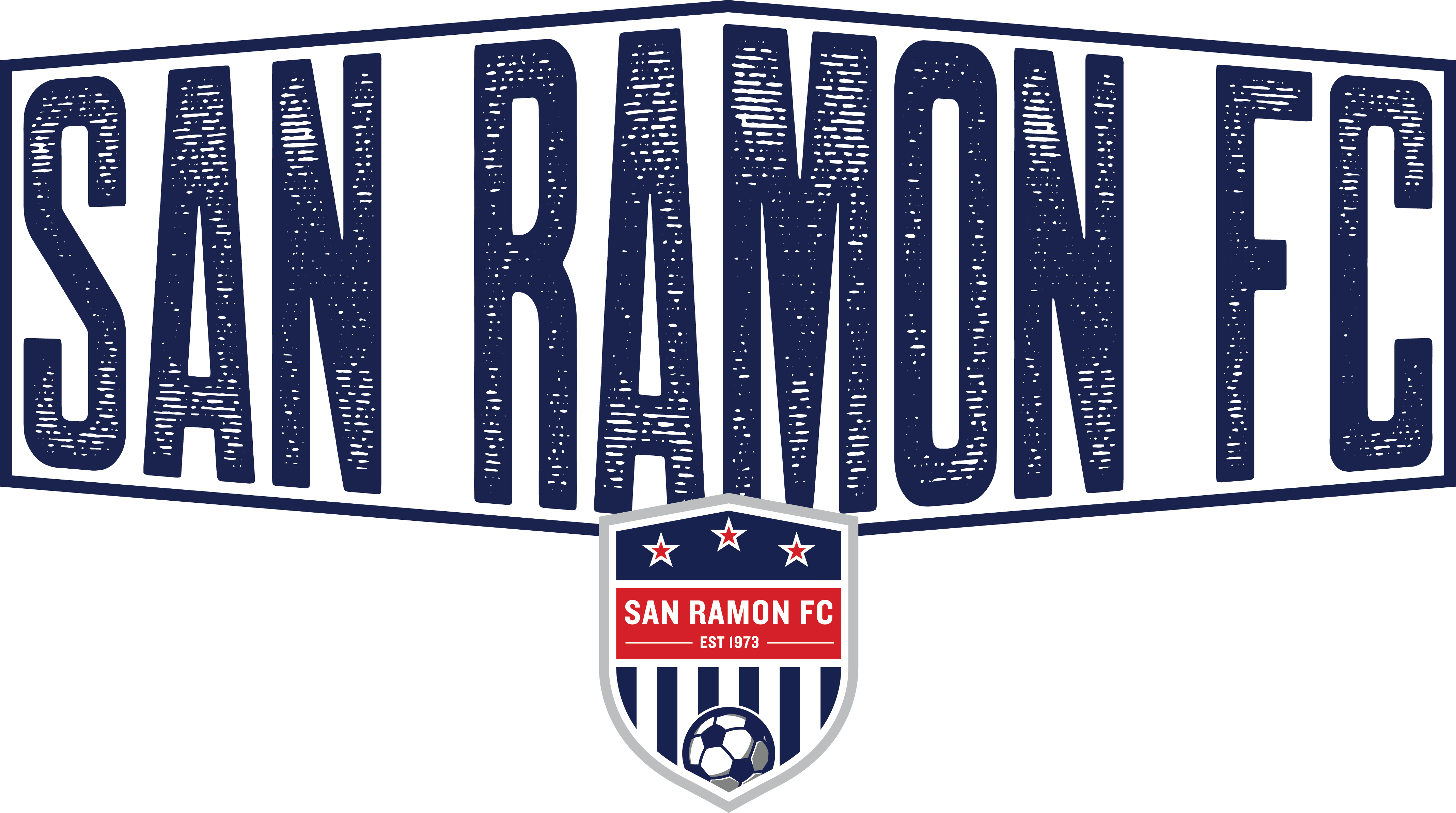 San Ramon FC logo with large distressed navy lettering above a shield crest featuring stars, stripes, a soccer ball, and "EST 1973".