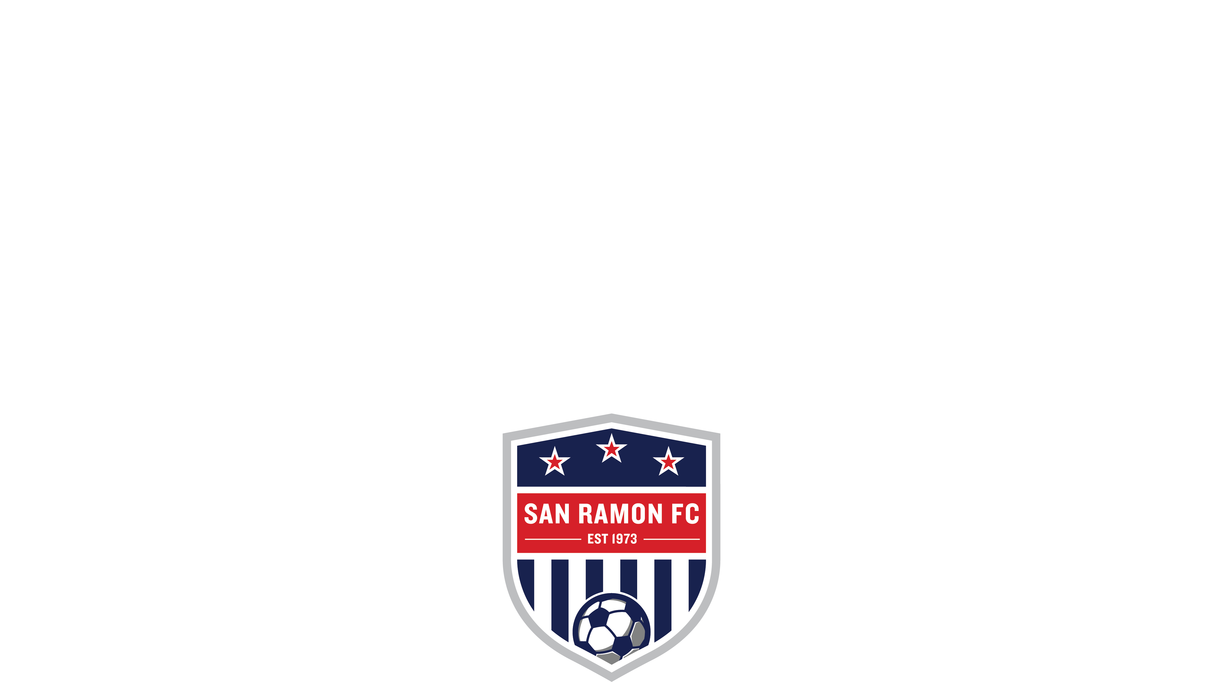 San Ramon FC shield logo: top blue section with three stars, middle red banner with "SAN RAMON FC EST 1973", and bottom blue and white stripes with a soccer ball.