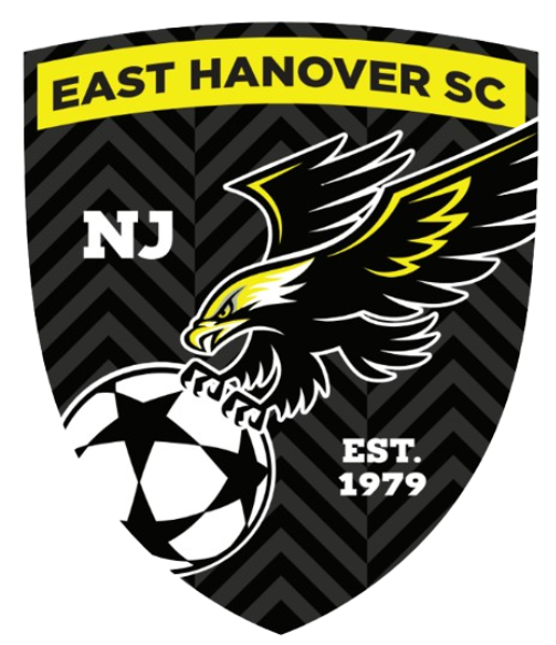 Shield-shaped logo for East Hanover SC, NJ, Est. 1979. Features a black eagle clutching a star-patterned soccer ball over a black and grey chevron background.