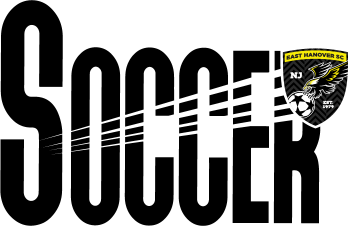 Large black "SOCCER" text with white motion lines and the East Hanover SC shield logo on the right side.
