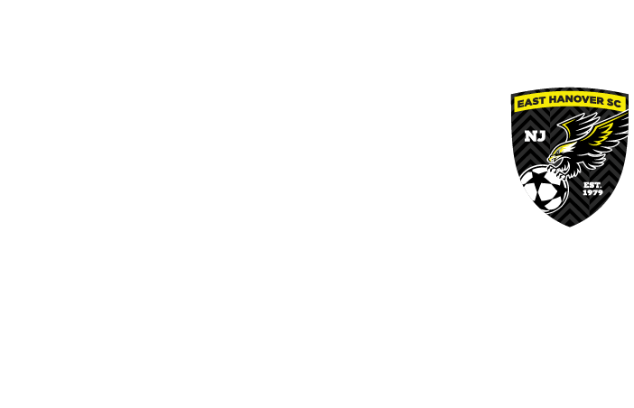 East Hanover SC soccer club logo featuring an eagle clutching a soccer ball on a black and grey chevron shield with "NJ" and "EST. 1979" markings.