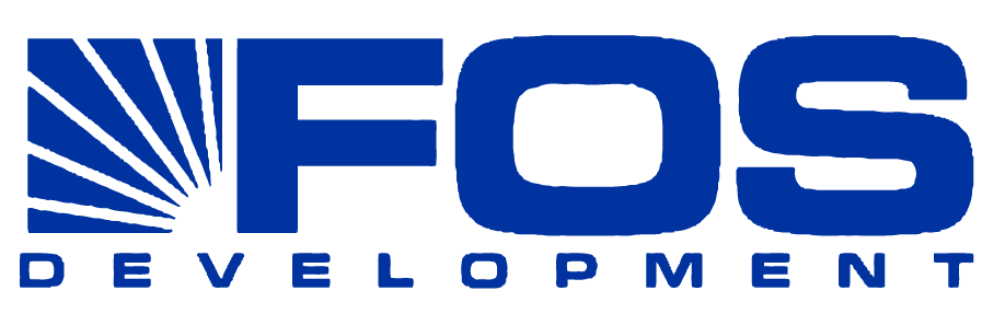 Logo for FOS Development in dark blue, featuring the word "FOS" next to a sunburst graphic, with "DEVELOPMENT" written underneath.