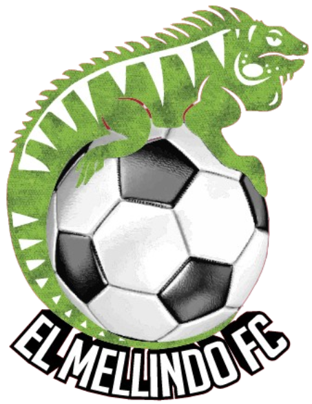 A logo for "EL MELLINDO FC" featuring a green iguana with white stripes arched over a black and white soccer ball. The club's name is written in bold white letters with a black outline in a curved banner at the bottom.