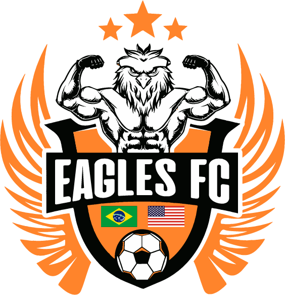 EAGLES FC logo with a muscular eagle mascot flexing above an orange shield with wings. Features three stars, Brazilian and US flags, and a soccer ball.