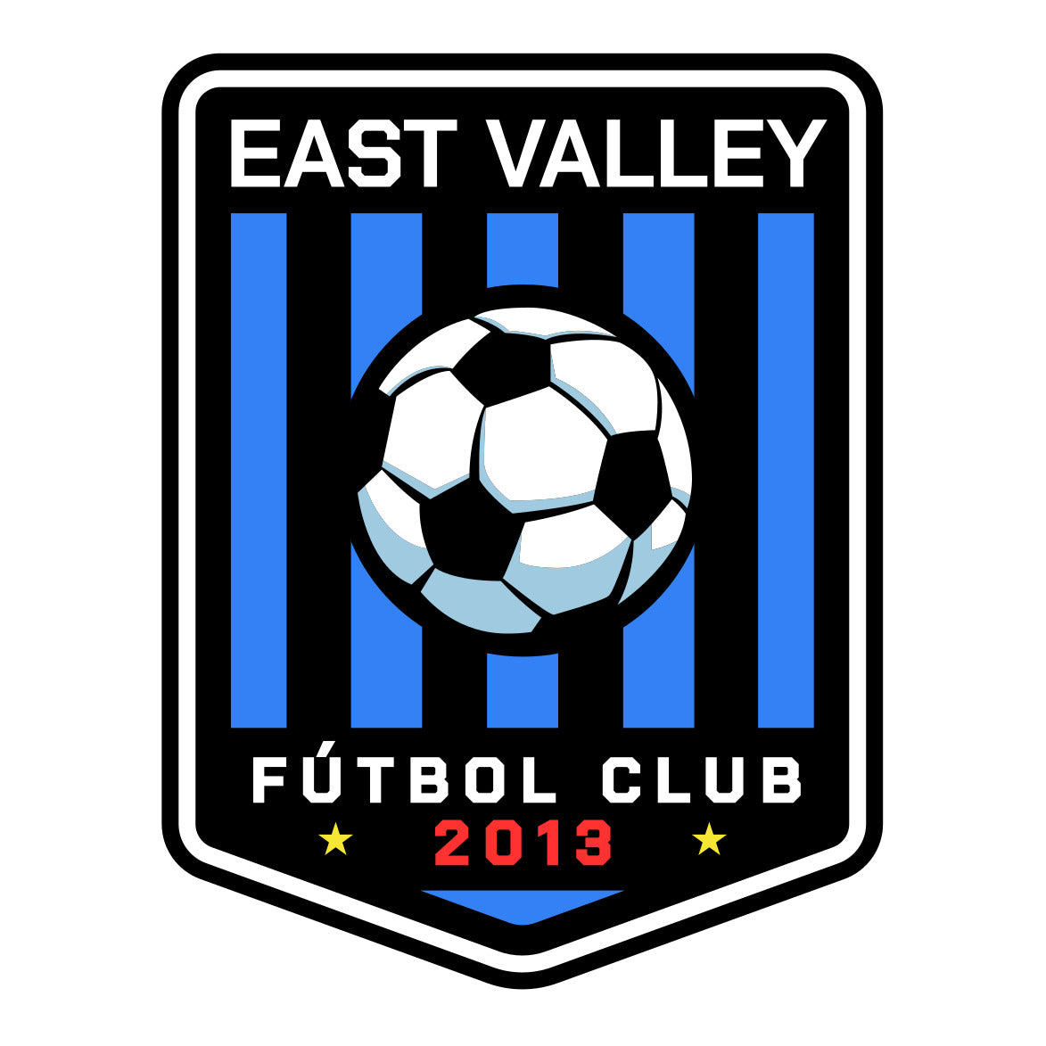 Logo for East Valley Fútbol Club featuring a soccer ball over blue and black vertical stripes. Text includes "EAST VALLEY FÚTBOL CLUB 2013" and gold stars.