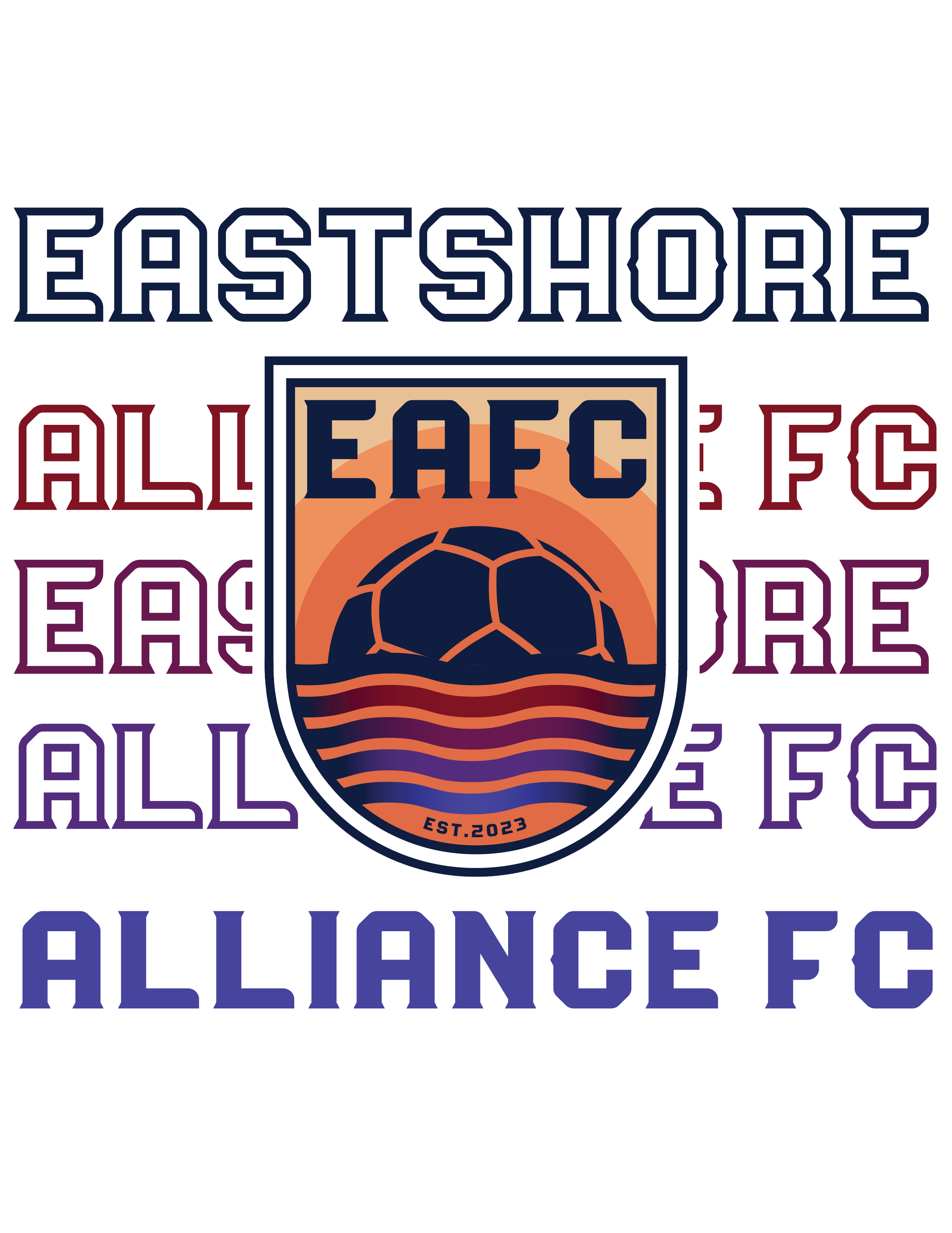 Logo for Eastshore Alliance FC featuring a crest with a soccer ball and sunset, set against repeating club name text in a red-to-purple gradient.