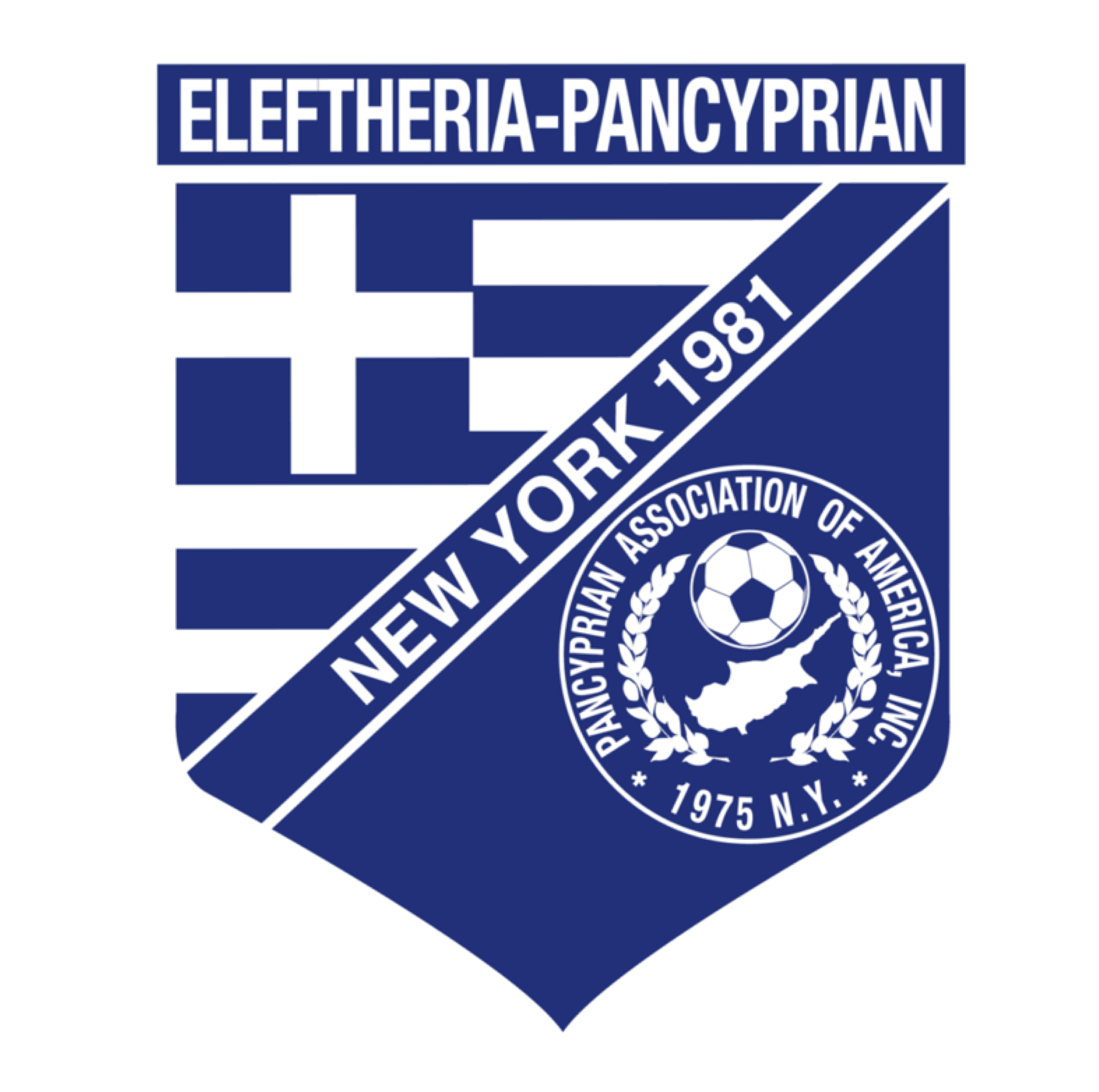 Eleftheria-Pancyprian logo: a blue and white shield with the Greek flag, a diagonal "NEW YORK 1981" band, and a circular seal featuring a soccer ball and map of Cyprus.