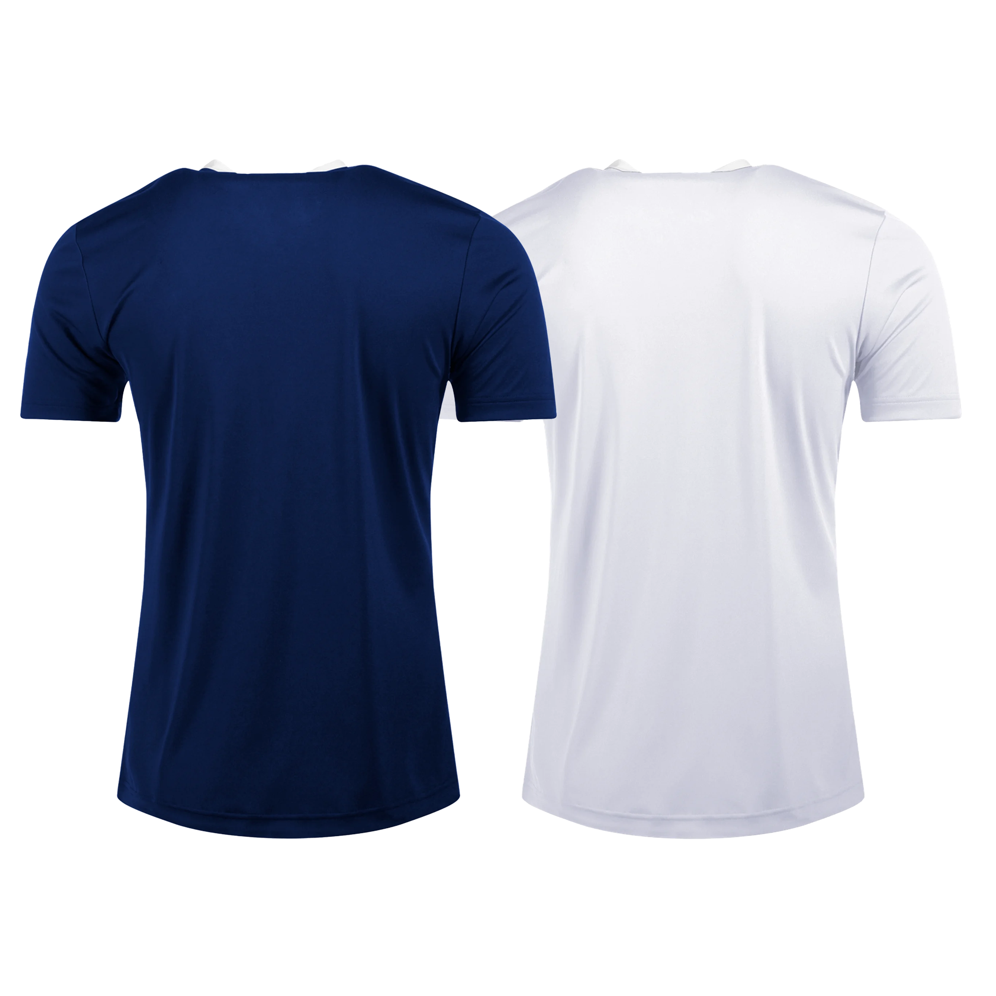 Rear view of two short-sleeved t-shirts, one navy blue and one white, displayed side-by-side against a white background.