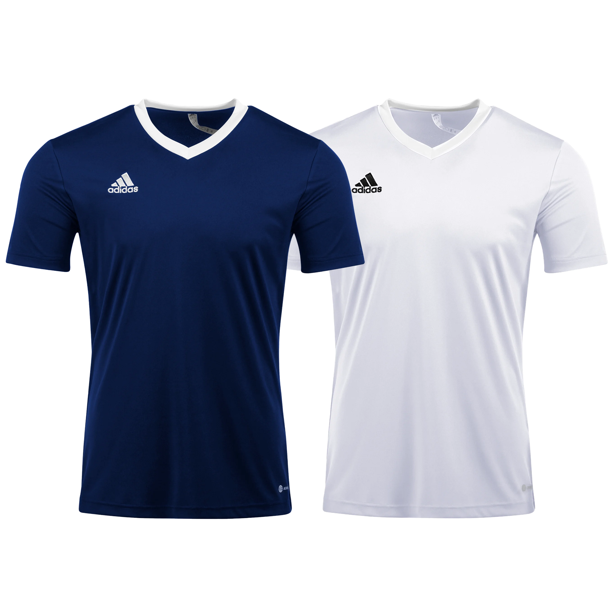 Two Adidas v-neck t-shirts, one navy blue with a white collar and logo, the other white with a black logo.