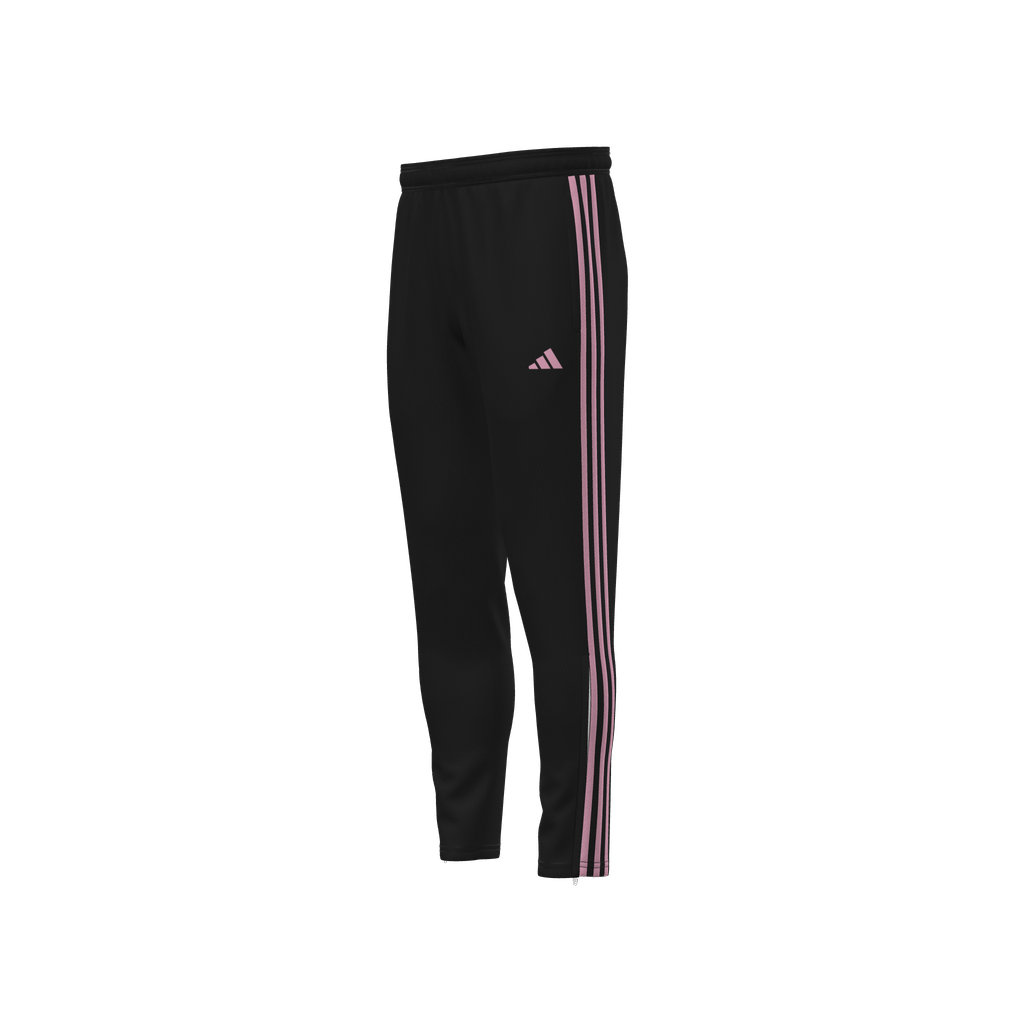 Black Adidas track pants featuring three light pink stripes down the side and a pink Adidas logo on the left thigh.