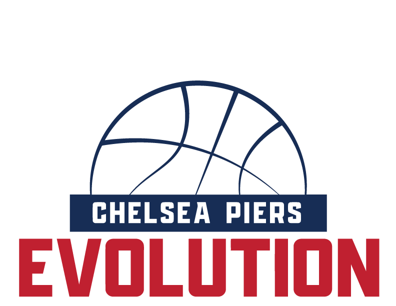 Logo for Chelsea Piers Evolution featuring a white basketball above a navy "CHELSEA PIERS" banner and large red "EVOLUTION" text.