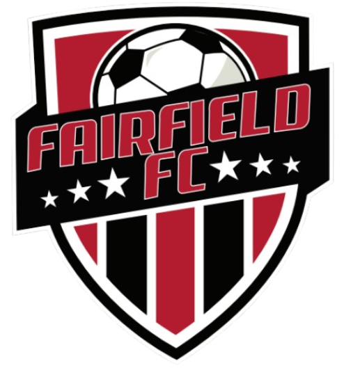 Fairfield FC logo: A shield featuring a soccer ball, red and black vertical stripes, and white stars. The club name is displayed in red text on a black banner across the middle.