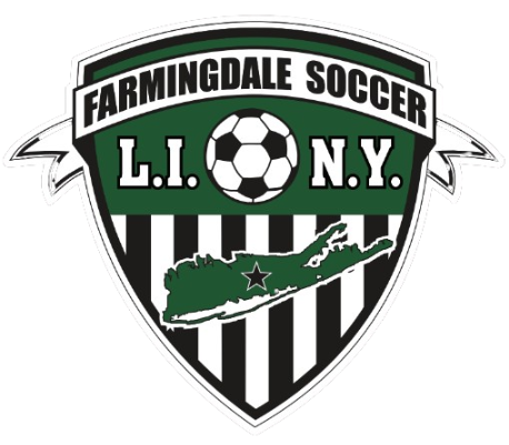 Shield-shaped logo for Farmingdale Soccer featuring a soccer ball, "L.I. N.Y.", black and white vertical stripes, and a green silhouette of Long Island with a star.
