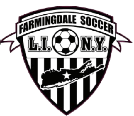 Farmingdale Soccer logo featuring a shield with a soccer ball, "L.I. N.Y.", and a silhouette of Long Island with a star over black and white vertical stripes.