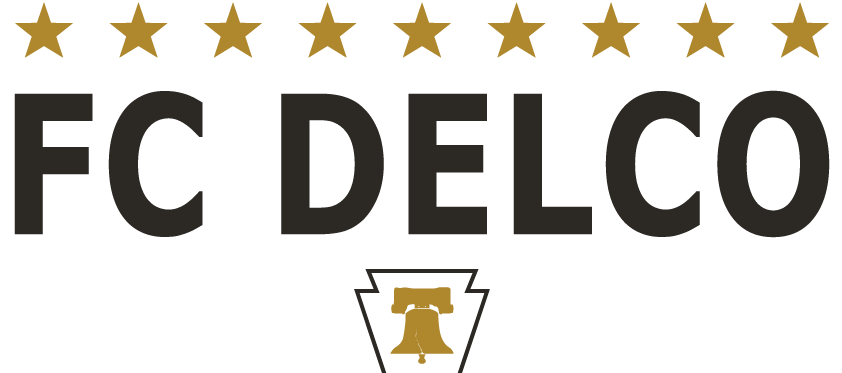 Logo for FC DELCO featuring nine gold stars at the top and a gold Liberty Bell inside a black keystone outline at the bottom.