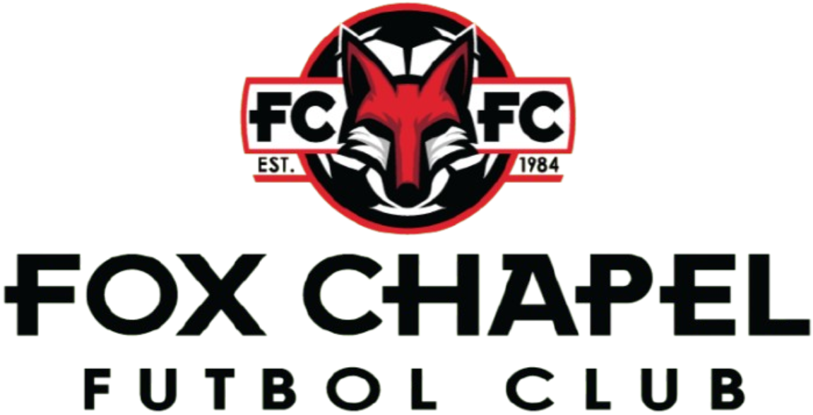 Fox Chapel Futbol Club logo with a red fox head on a soccer ball and the club name in stylized black text.