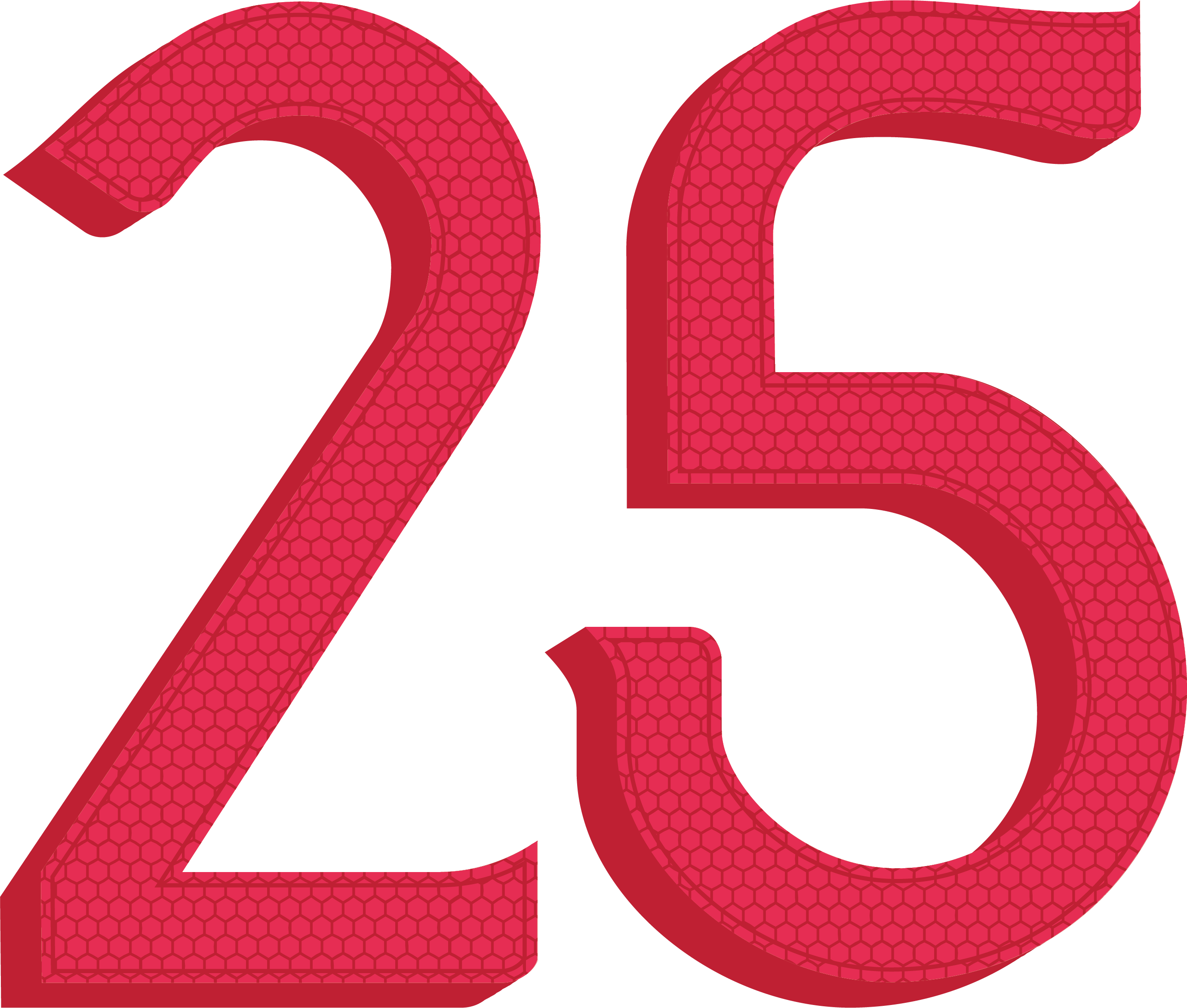 A 3D illustration of the number 25 in red, featuring a honeycomb pattern on the front face.