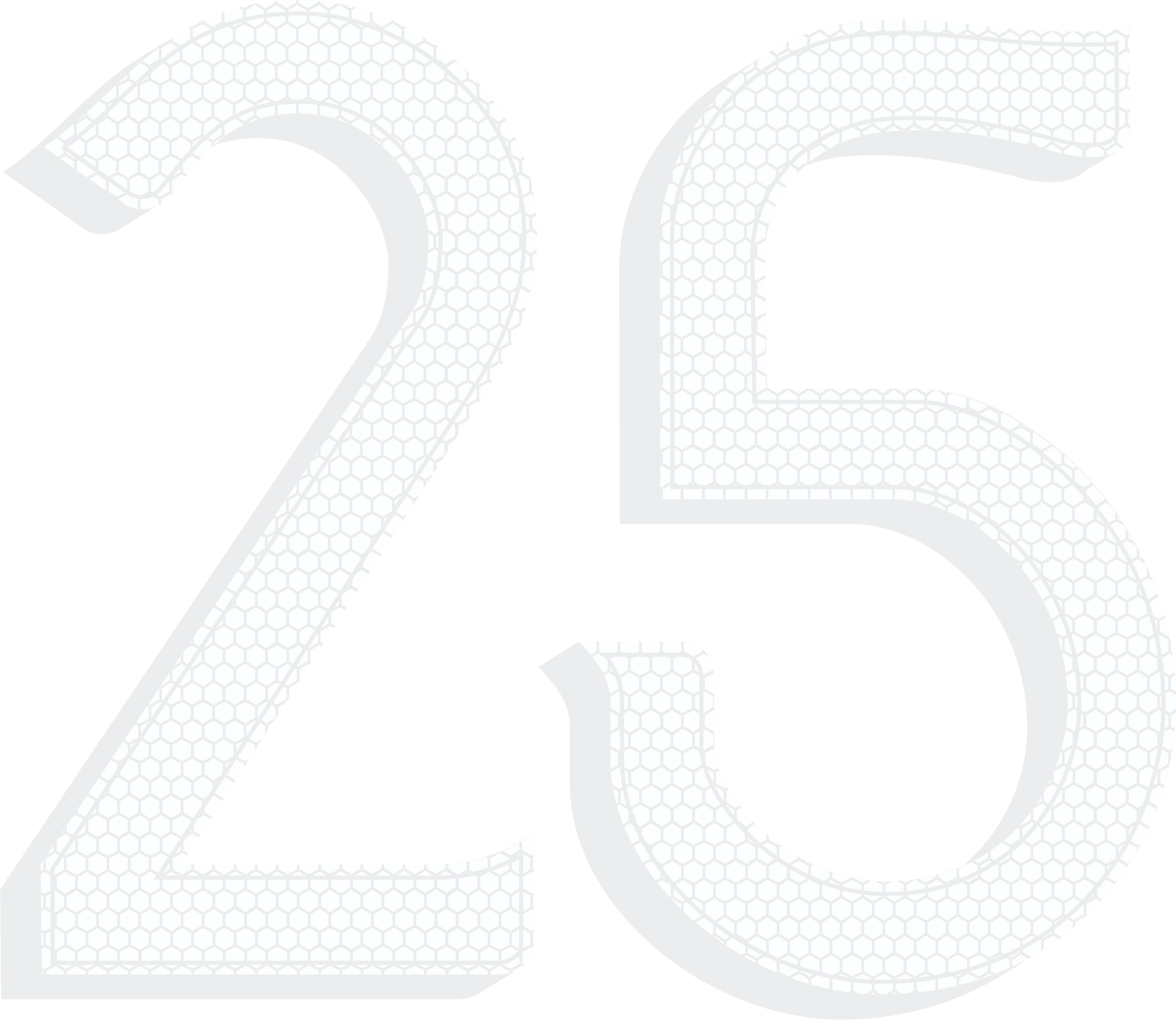 A large, light gray number 25 in a serif font with a 3D beveled effect and an internal hexagonal honeycomb pattern.