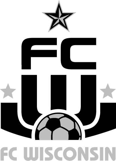 Monochromatic logo for FC Wisconsin featuring blocky "FC" and "W" letters above a soccer ball, accented by three stars and the text "FC WISCONSIN" at the bottom.