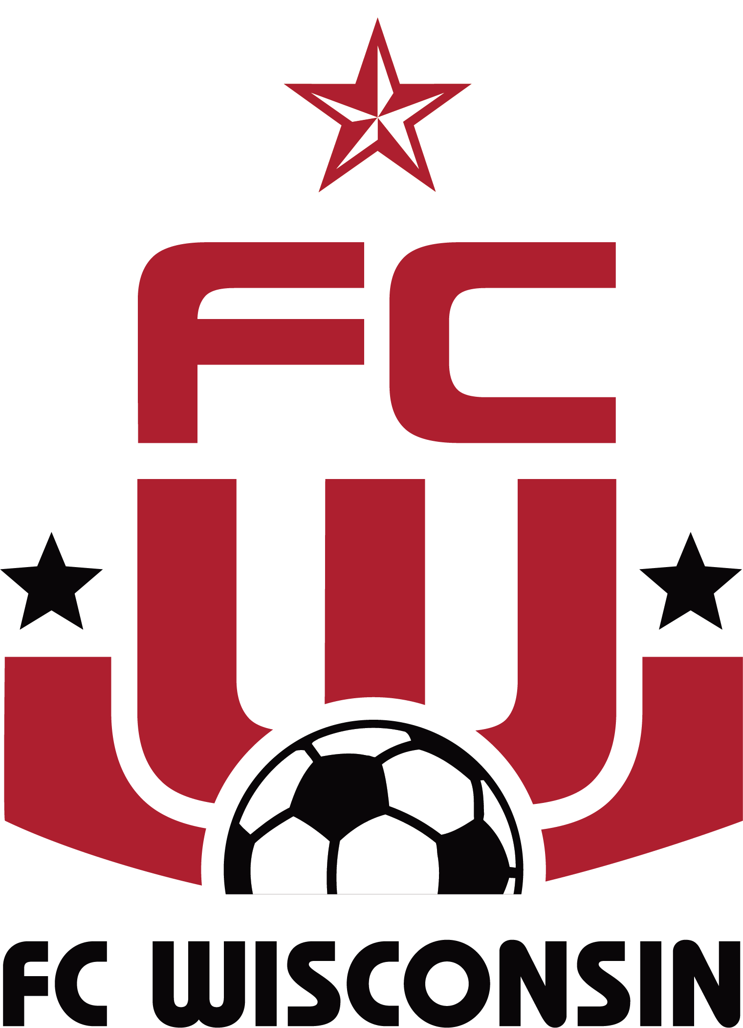 A logo for FC Wisconsin featuring a maroon and white star at the top, the letters "FC" above a stylized maroon "W". Two black stars are on either side of the "W," and a black and white soccer ball is at its base. The text "FC WISCONSIN" is in bold black font at the bottom.