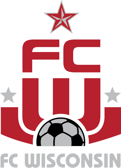 FC Wisconsin logo featuring stylized red FC and W lettering, a soccer ball at the base, three stars, and 'FC WISCONSIN' text in gray at the bottom.