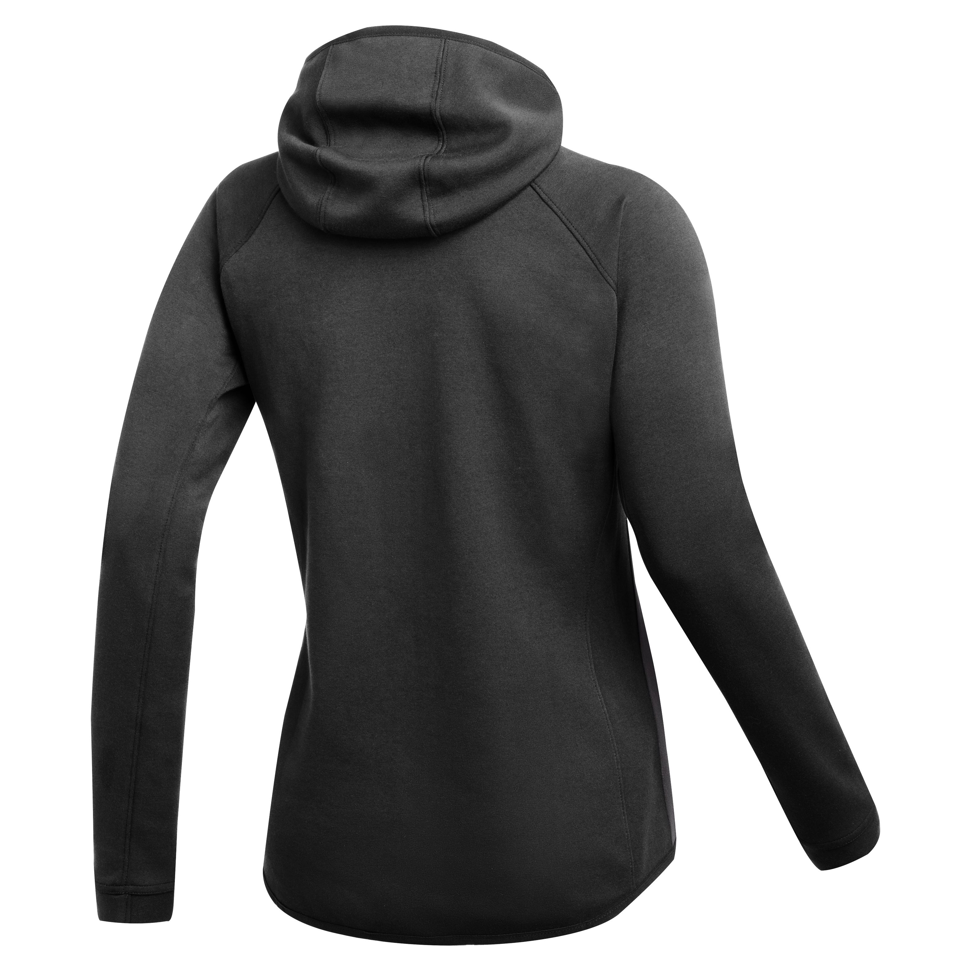 Rear view of a charcoal grey hoodie with raglan sleeves and a curved hem, showing a light-colored side panel.