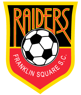 Franklin Square S.C. Raiders logo: shield-shaped emblem featuring a central soccer ball on a black and red background with yellow 'RAIDERS' text.