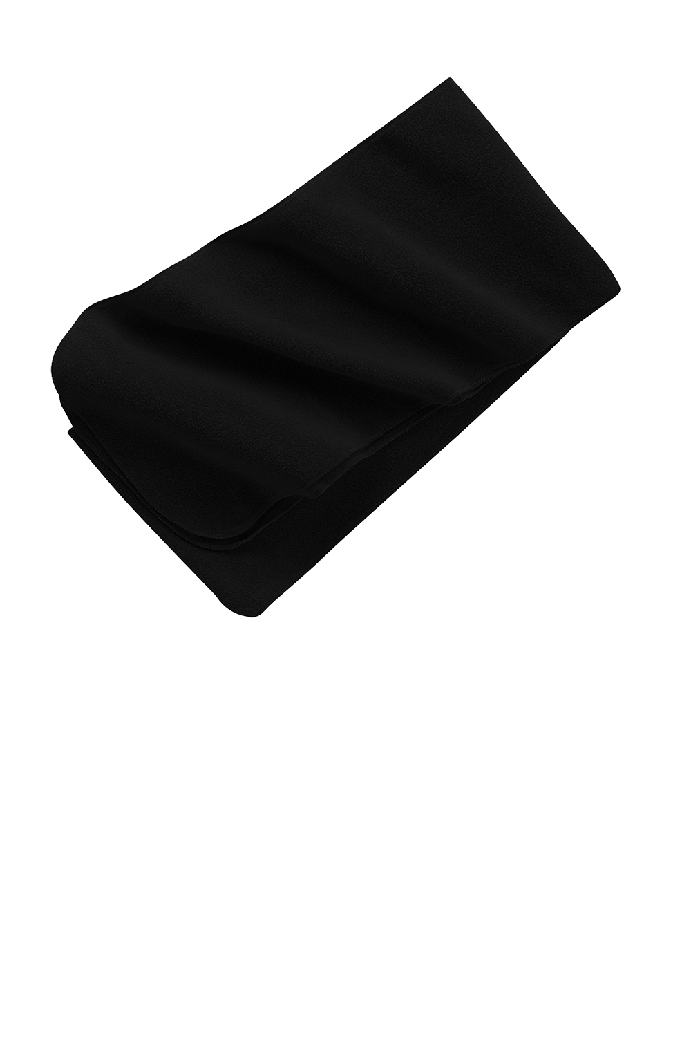 A black folded fleece scarf or small blanket displayed on a gray and white striped background.